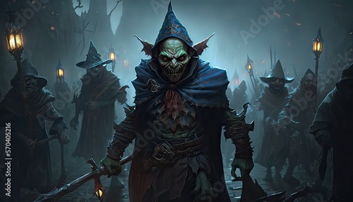 Dark wizard terrorizes kingdom with army of goblins. Illustration fantasy by generative IA photo