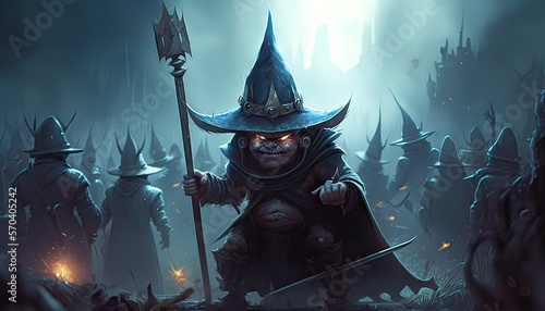Dark wizard terrorizes kingdom with army of goblins. Illustration fantasy by generative IA