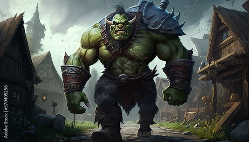 Giant ogre attacks peaceful village. Illustration fantasy by generative IA