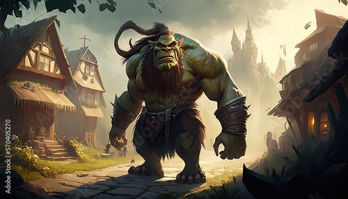 Giant ogre attacks peaceful village. Illustration fantasy by generative IA