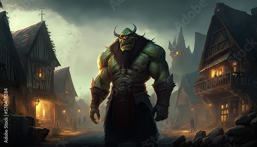 Giant ogre attacks peaceful village. Illustration fantasy by generative IA