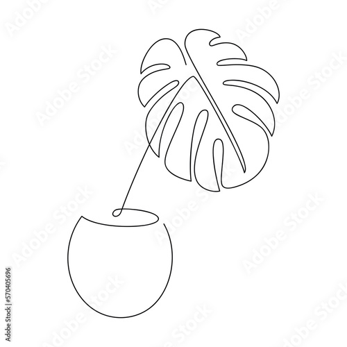 Botanical illustration. Line continuous monstera house plant in pot vector. Outline drawing. Hand drawn linear icon. Leaves silhouette. Minimal design, print, banner, card, wall art poster, logo.