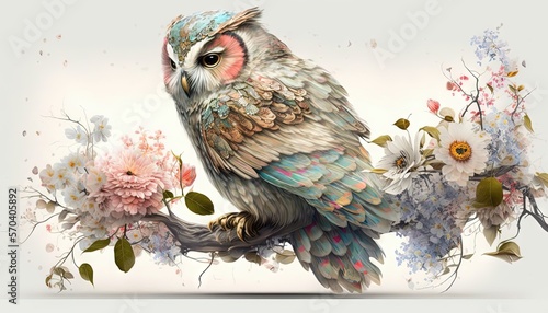  a painting of a bird sitting on a branch with flowers and leaves on it's back end and a white background with a light blue sky in the background.  generative ai photo