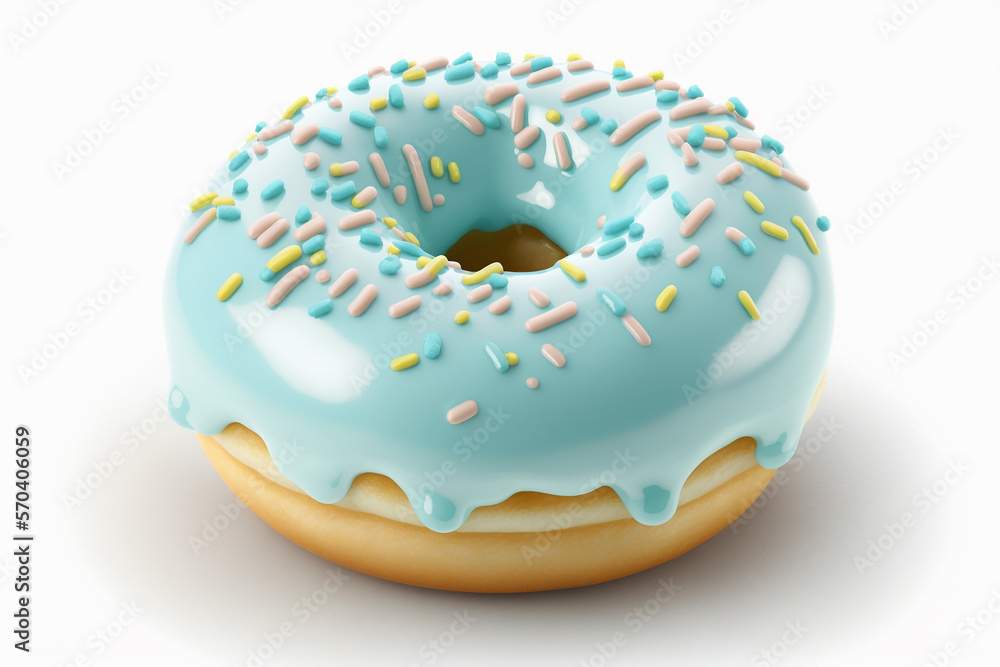 Tasty donut with blue icing and colorful sprinkles isolated on white background. Photorealistic 3D illustration made with generative AI. Tasty donut with blue icing and colorful sprinkles isolated on white background. Photorealistic 3D illustration made with generative AI.