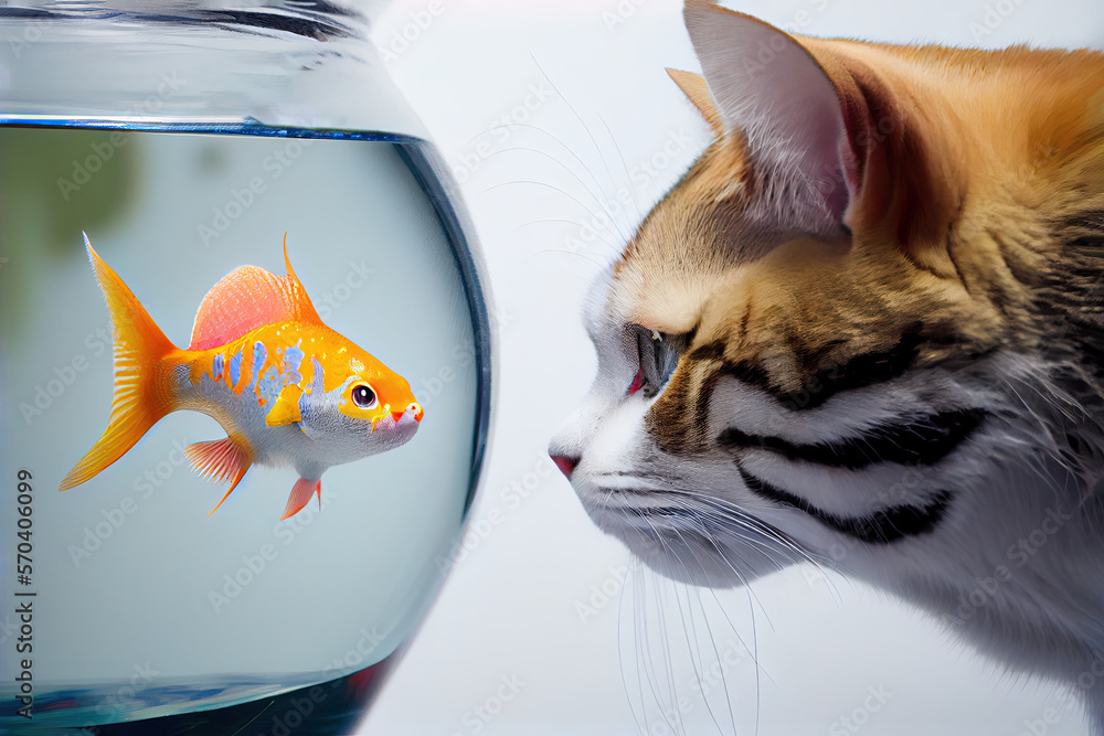 Glasschilderij met Cat looking at aquarium, Generative AI #570406099