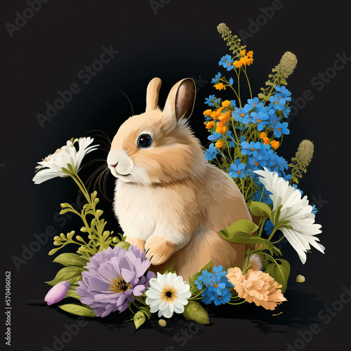 Cute little easter bunny, black background, multicolored flowers