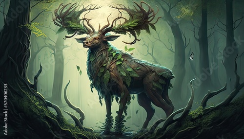 Forest spirit protects endangered creatures. Illustration fantasy by generative IA