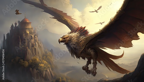 Flying griffins patrol skies over kingdom. Illustration fantasy by generative IA photo