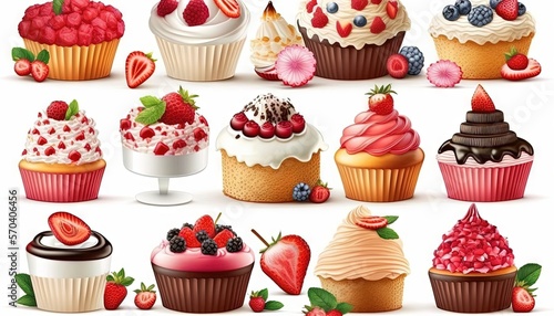  a bunch of different cupcakes with different toppings on top of each cupcakes is a white background with a red strawberry, blueberry, raspberry, raspberry, chocolate, strawberry.  generative ai