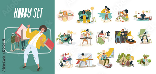 Relaxing pleasant activities for pleasure and joy. Outdoor and indoor uplifting items, happy women and men enjoying their vacation. Hobby set. Flat graphic vector illustration isolated on white .