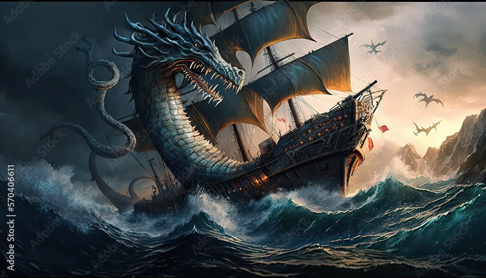Sea serpent attacks ships in treacherous waters. Illustration fantasy