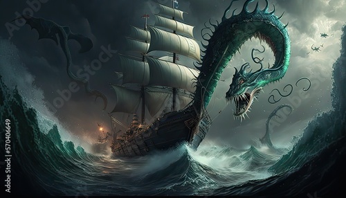 Vászonkép Sea serpent attacks ships in treacherous waters