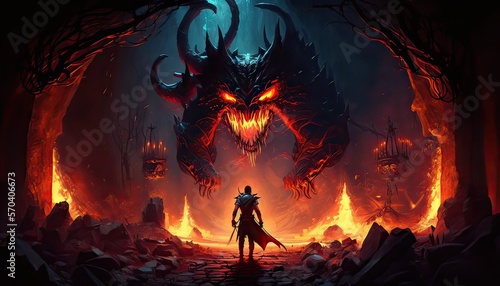 Demons wreak havoc in fiery underworld. Illustration fantasy by generative IA