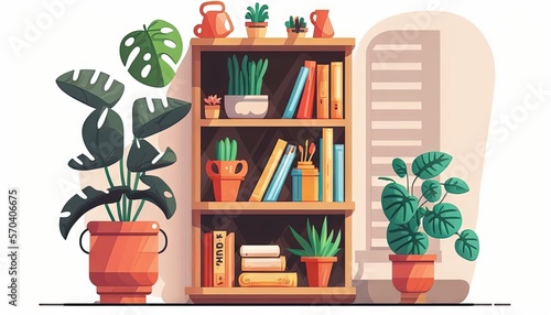 a bookshelf filled with lots of books next to a potted plant and potted plant on top of it in front of a wall. generative ai