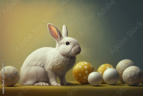 White easter bunny with yellow and white easter eggs