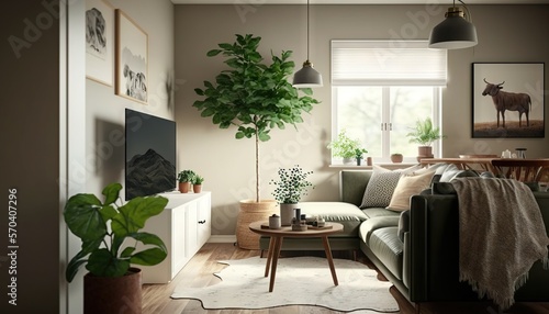  a living room filled with furniture and a potted plant in the corner of the room with a window on the far side of the room. generative ai