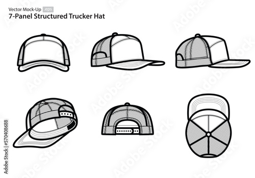 7-Panel Structured Trucker Hat Vector Mock-Ups (Multiple Orientations)