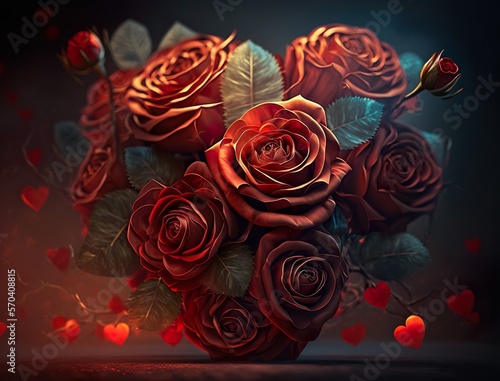 Bouquet of red roses with petals 3D render background