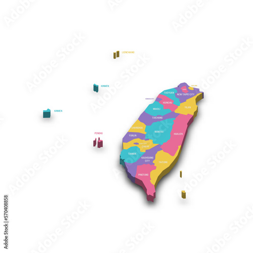 Taiwan political map of administrative divisions - provinces and special municipalities. Colorful 3D vector map with dropped shadow and country name labels.
