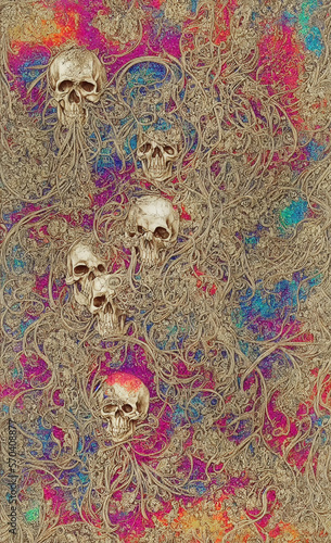 Abstract digital painting engraving of skull among cell structure. Digital image dead nature in antique ink illustration style. Generative ai