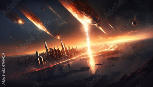 illustration of meteor shower fall into earth's atmosphere make fire trail in sky and crash on urban city building , nature calamity disaster, generative ai