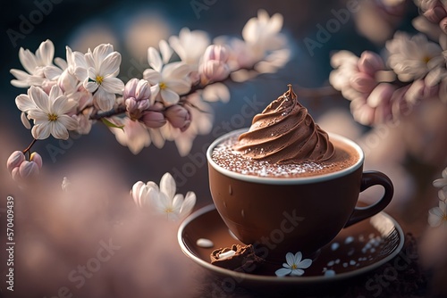 Fototapeta Artistic beautiful romance hot chocolate with whipped cream beverage serve in gl