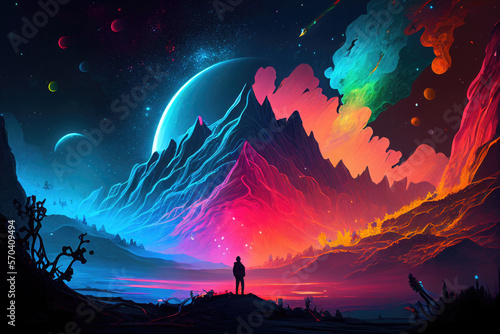 Illustration of visions during a psychedelic trip with colorful landscape - Ai Generated