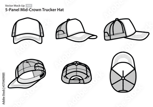 5-Panel Structured Mid-Crown Trucker Hat Vector Mock-Ups (Multiple Orientations)