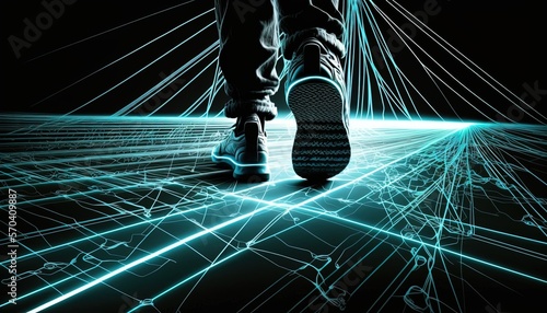 walking feet on light way, idea for Digital Footprint and Digital trace data them, background wallpaper, Generative Ai