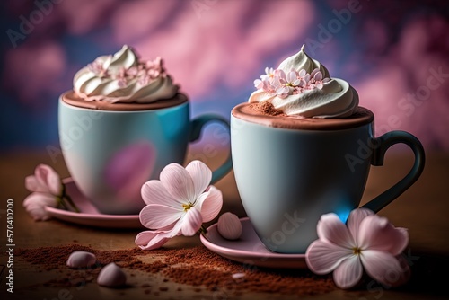 Artistic beautiful romance two hot chocolate with whipped cream beverage serve in glass cup with cherry blossom branch, idea for background or wallpaper, Generative Ai