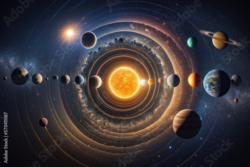 unreal fantastic scheme of the solar system with the sun and planets in space. Generative AI