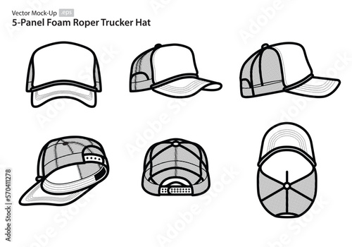 5-Panel Foam Roper Trucker Hat Vector Mock-Ups (Multiple Orientations)