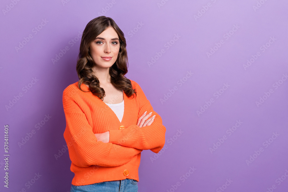 Photo of stunning nice person folded hands empty space blank isolated on violet color background Photo of stunning nice person folded hands empty space blank isolated on violet color background