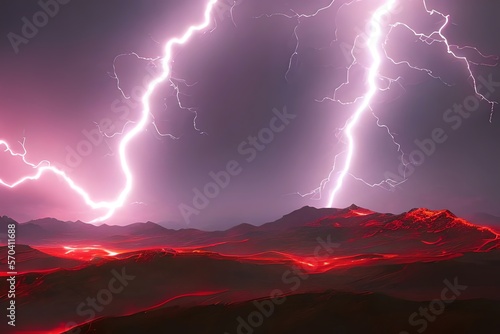 lightning in the mountains over lava