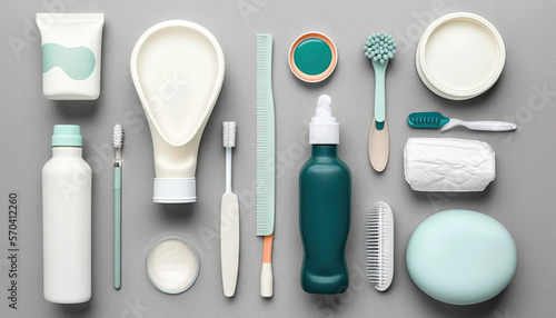  a variety of toothbrushes, toothpaste, and other items laid out on a gray surface with a gray background and a blue bottle of toothpaste. generative ai