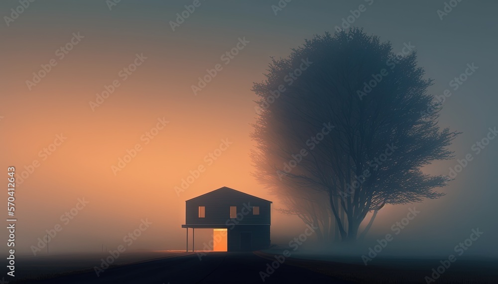  a house sitting in the middle of a foggy field with a tree in front of it and a light at the end of the door.  generative ai