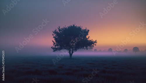  a lone tree stands in a foggy field at sunset with the sun setting in the distance and the sky in the distance  with a pink and purple hue in the foreground.  generative ai