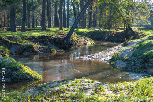 Water flowing down a creek in The Woodlands, Texas.