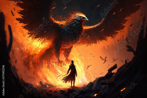 illustration painting of the child looking at the phoenix bird flying above him, digital art style. (ai generated)