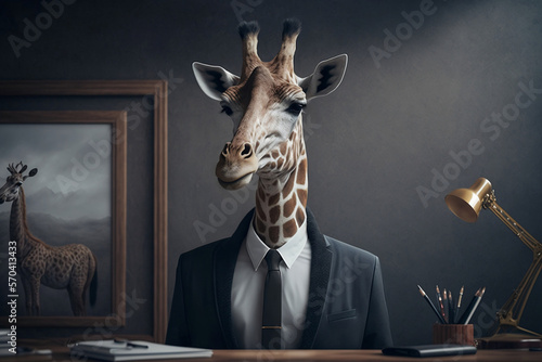 Portrait of a Giraffe Dressed in a Formal Business Suit at The Office, Boss Giraffe, Generative Ai © Ash