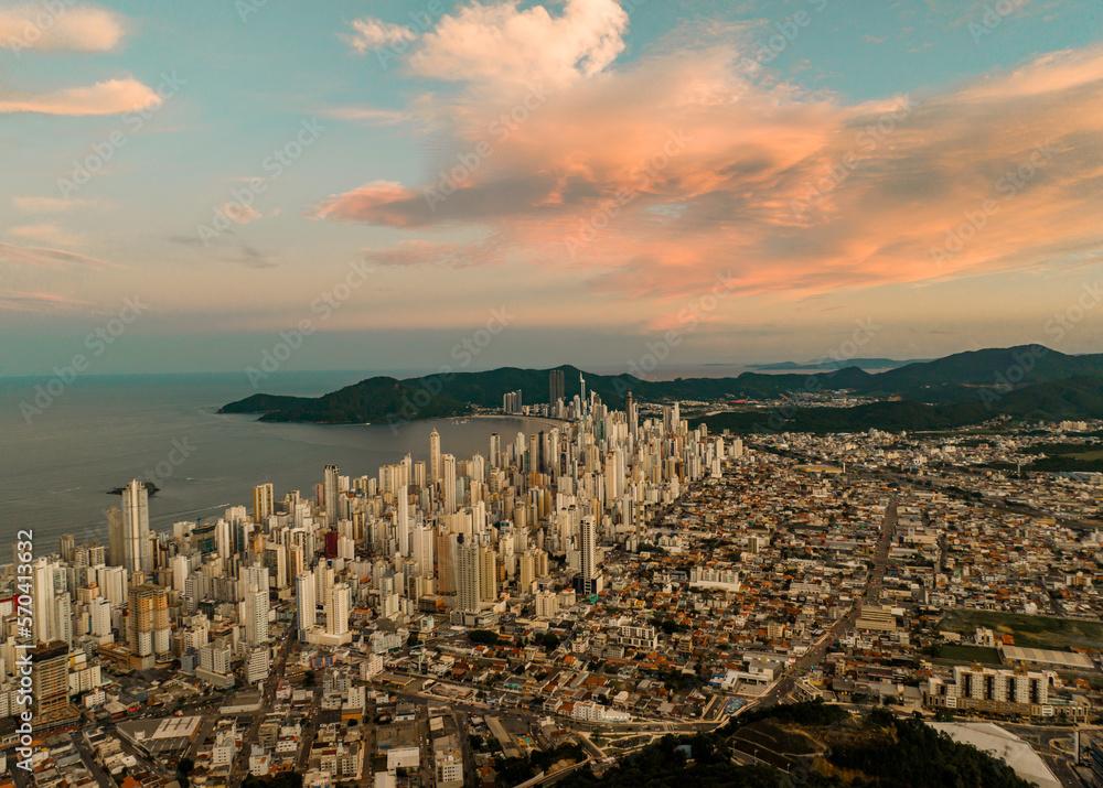 aerial photo with drone of the city of Balneário Camboriú at sunrise