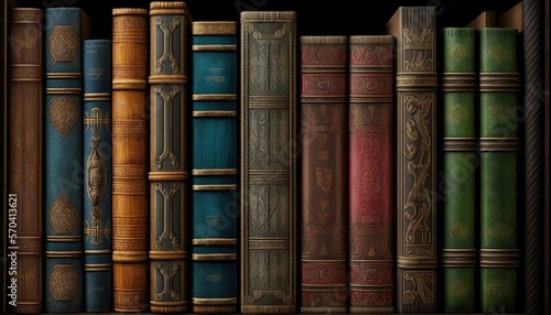  a row of books sitting on top of a wooden shelf next to a wall filled with lots of different colored bookcases on a black background. generative ai