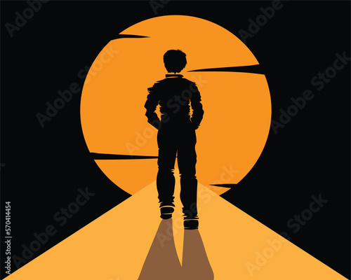 vector illustration design of a cartoon of a man in black clothes walking towards the sunset in the evening with both hands in his pockets