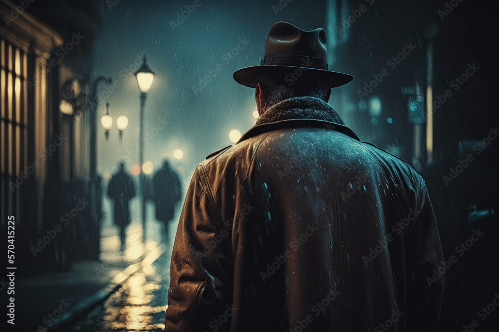 male detective stands with his back on a night street with rain in the style of film noir. Generative AI
