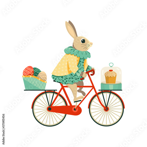 Funny Bunny girl carrying Easter gifts by bicycle isolated vector. Rabbit ride Bicycle cartoon illustration. Happy Easter party design element. Festive family fun, egg hunt event invitation background