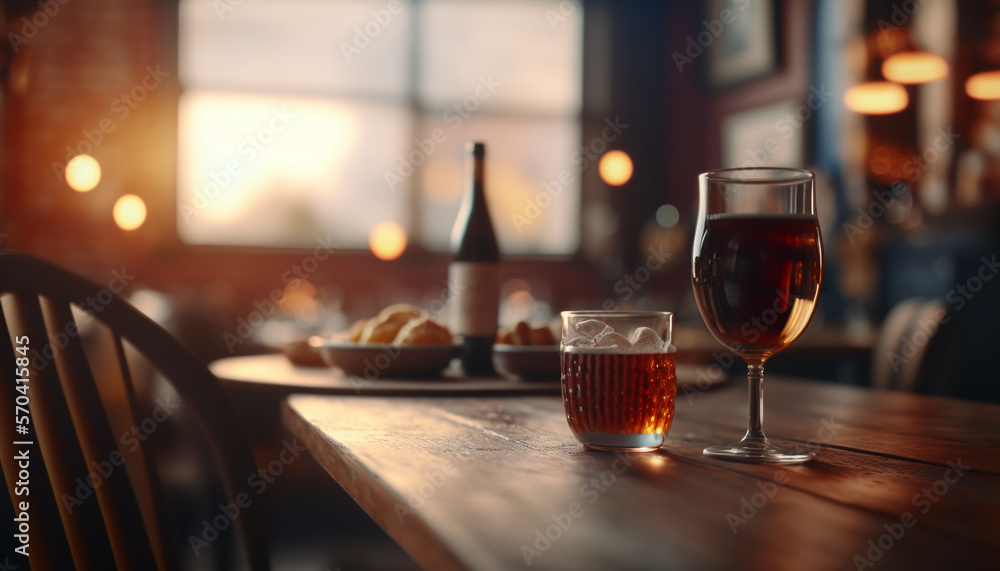 Oak table with atmospheric blurred pub background. Bokeh and warm lights. Generative Ai technology. Oak table with atmospheric blurred pub background. Bokeh and warm lights. Generative Ai technology.
