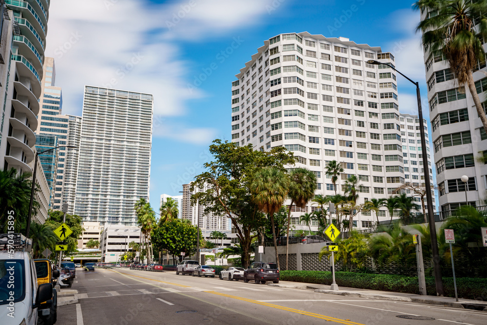 View down Brickell Bay Drive. Long exposure photo to blur traffic and clouds