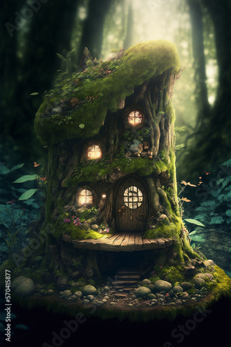 Fairy house inside a mossy old stump, Generative AI