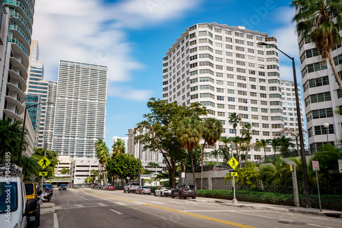 View down Brickell Bay Drive. Long exposure photo to blur traffic and clouds