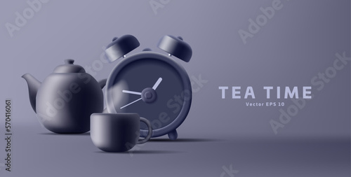 Black alarm clock with a kettle and a cup of hot drink. Modern 3d banner for design. Time for tea, time to wake up, traditions. Elements on a dark background.